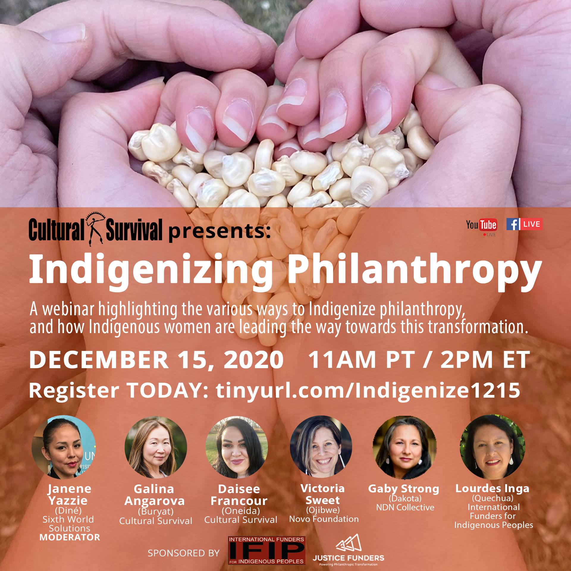 Two pairs of hands holding corn kernels with the words "Indigenizing Philanthropy."