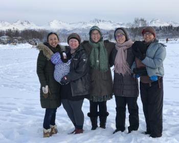 Alaska Native Birthworkers Community founders enjoying a winter day in Anchorage. (L-R): Charlene Apok, Olga Lucason, Stacey Lucason, Abra Patkotak, Helena Jacobs,Tala David, Margaret David. Photo by EJ David.